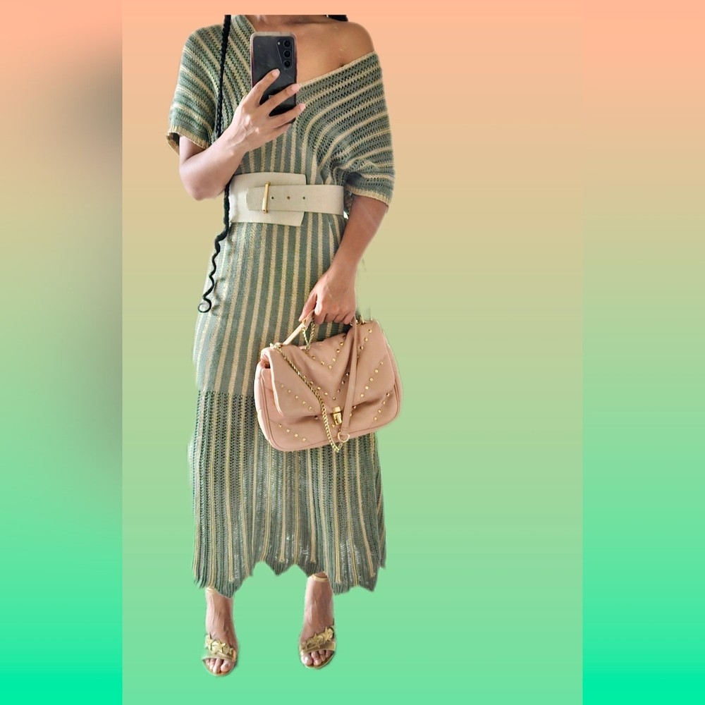 Crochet dress size M/L in a green and gold color 44" length 36"-50" bust